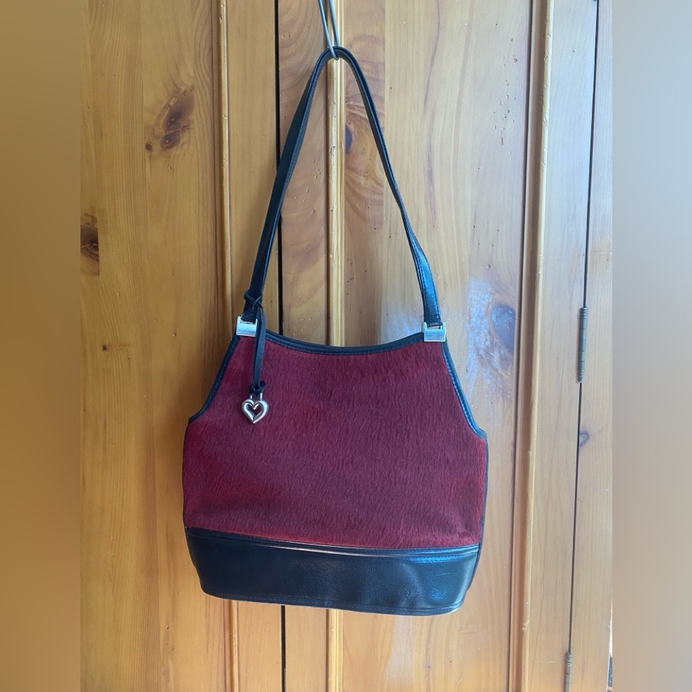 Vintage Brighton Black Leather red Horse Hair Satchel Tote Shoulder Bag